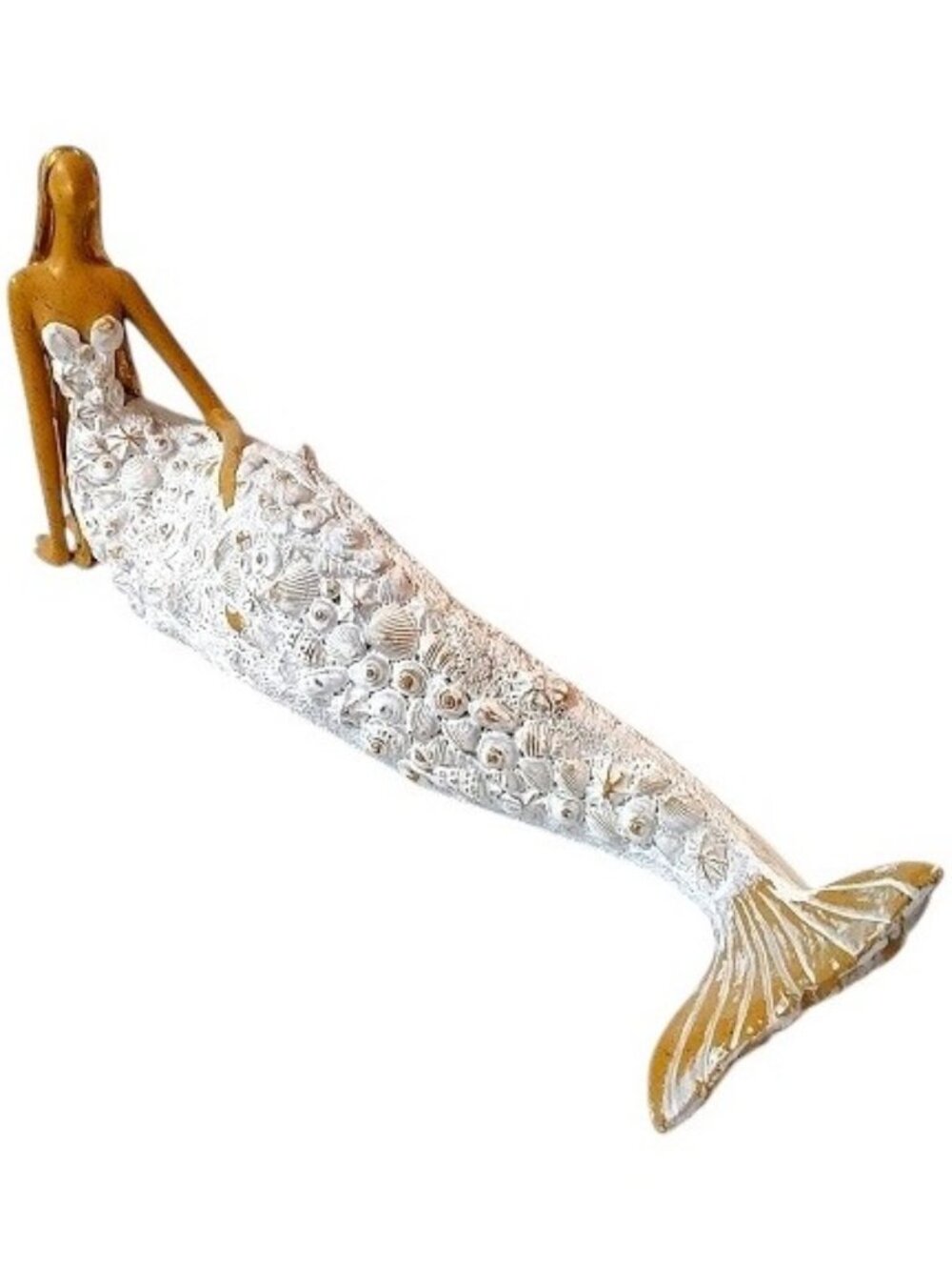 Handmade Hand Painted Tan White Golden Hair Resin Mermaid Sculpture